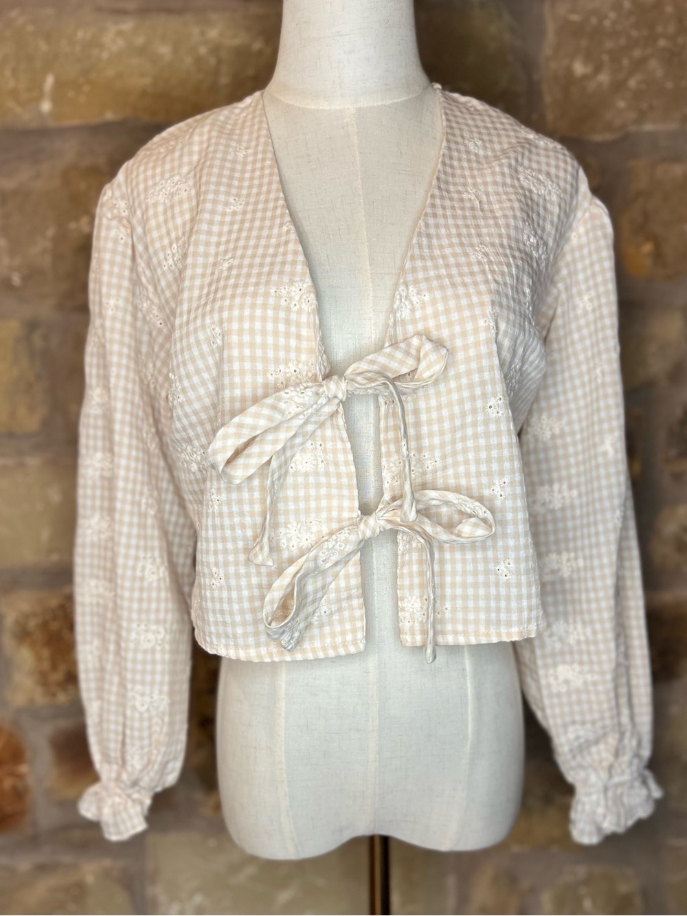 Altar'd State Gingham Tie-Front Eyelet Blouse Cardigan Cottagecore Top